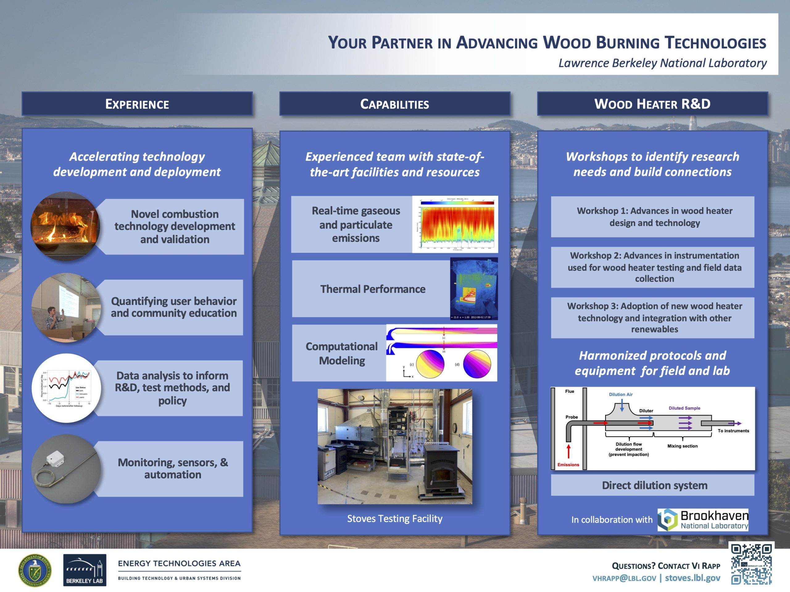 Poster showing LBNL wood heater research and capabilities